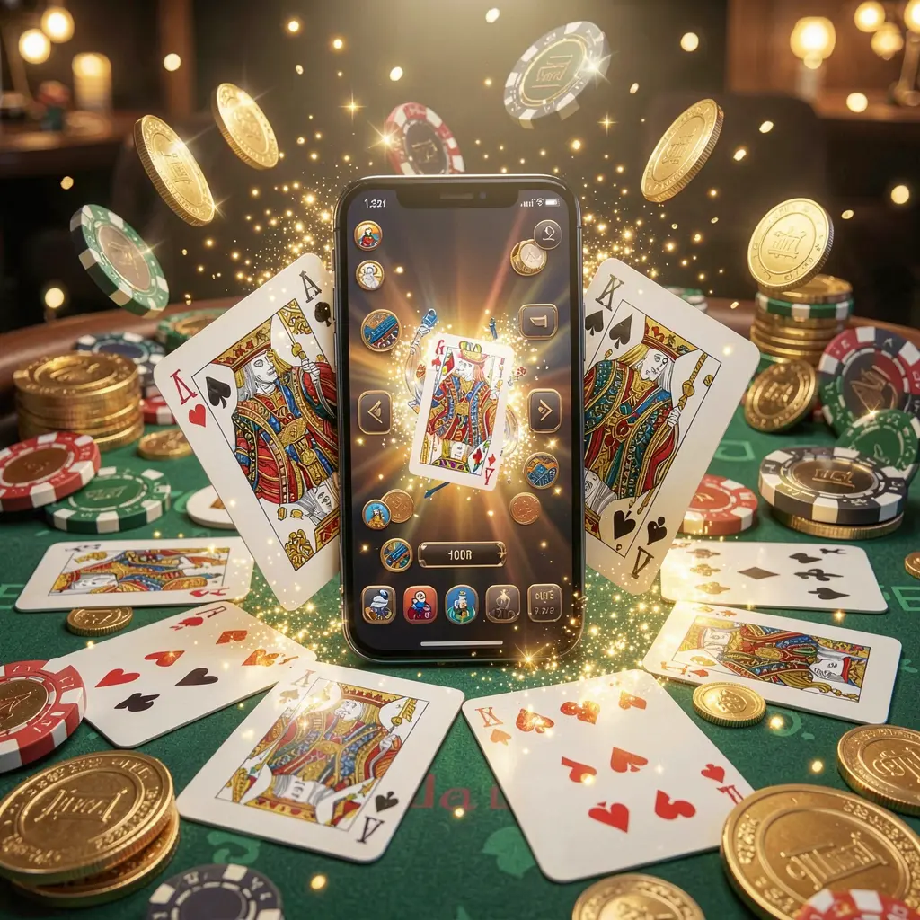 Aplicativo móvel de jogos em estilo de cassino premium da 678kk apresentando um smartphone cercado por cartas de baralho, fichas de roleta, moedas de ouro e luzes brilhantes
