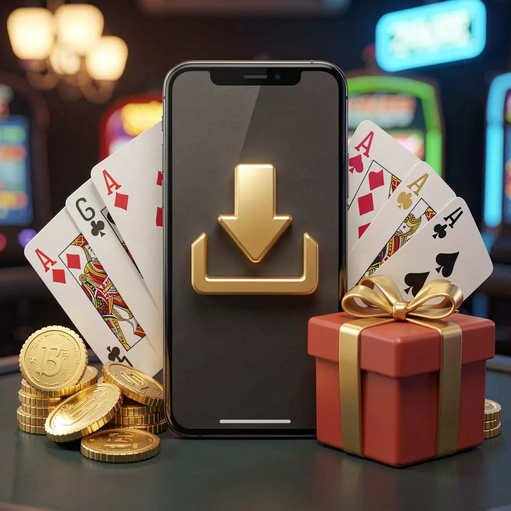 Ilustração 3D realista de um smartphone exibindo um ícone de download cercado por moedas douradas, uma caixa de presente e cartas de baralho, representando o conceito de download do aplicativo de cassino 678kk em uma atmosfera moderna de jogos móveis