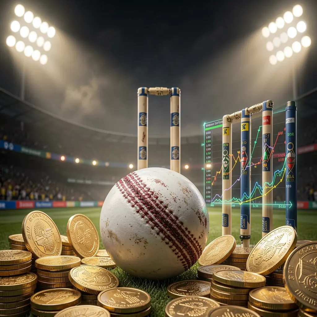Fundo da página de apostas em críquete da 678kk apresentando um estádio dramático com refletores, uma bola de críquete em primeiro plano, wickets ao fundo, moedas douradas e gráficos de dados brilhantes Fundo da página de apostas em críquete da 678kk apresentando um estádio dramático com refletores, uma bola de críquete em primeiro plano, wickets ao fundo, moedas douradas e gráficos de dados brilhantes