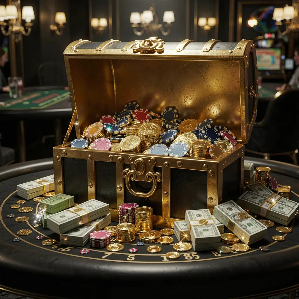 Cena de recompensas do cassino 678kk apresentando um baú de tesouro dourado transbordando fichas, maços de dinheiro e moedas brilhantes em um elegante estilo preto e dourado com iluminação dramática