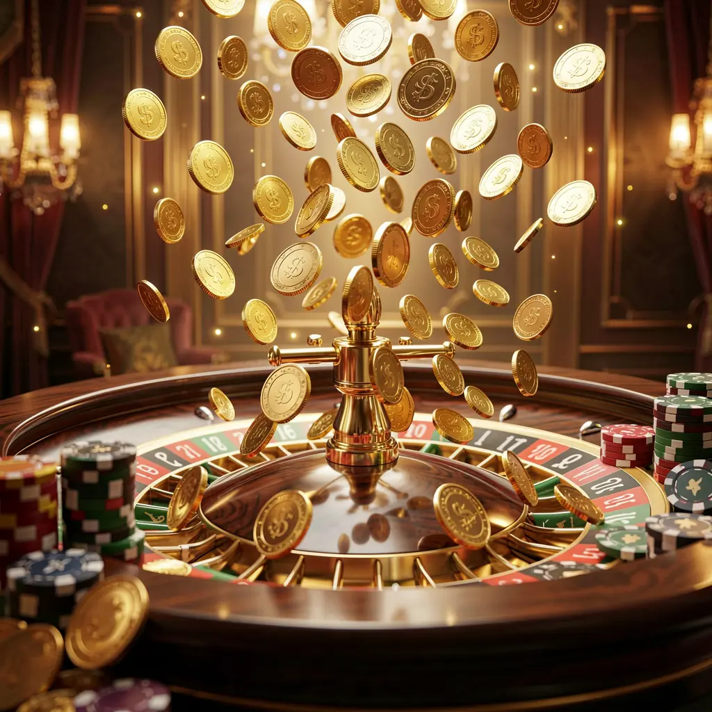Banner de cassino online premium da 678kk com moedas douradas caindo sobre uma roleta e fichas de pôquer em um fundo luxuoso brilhante, em uma renderização 3D dinâmica e realista