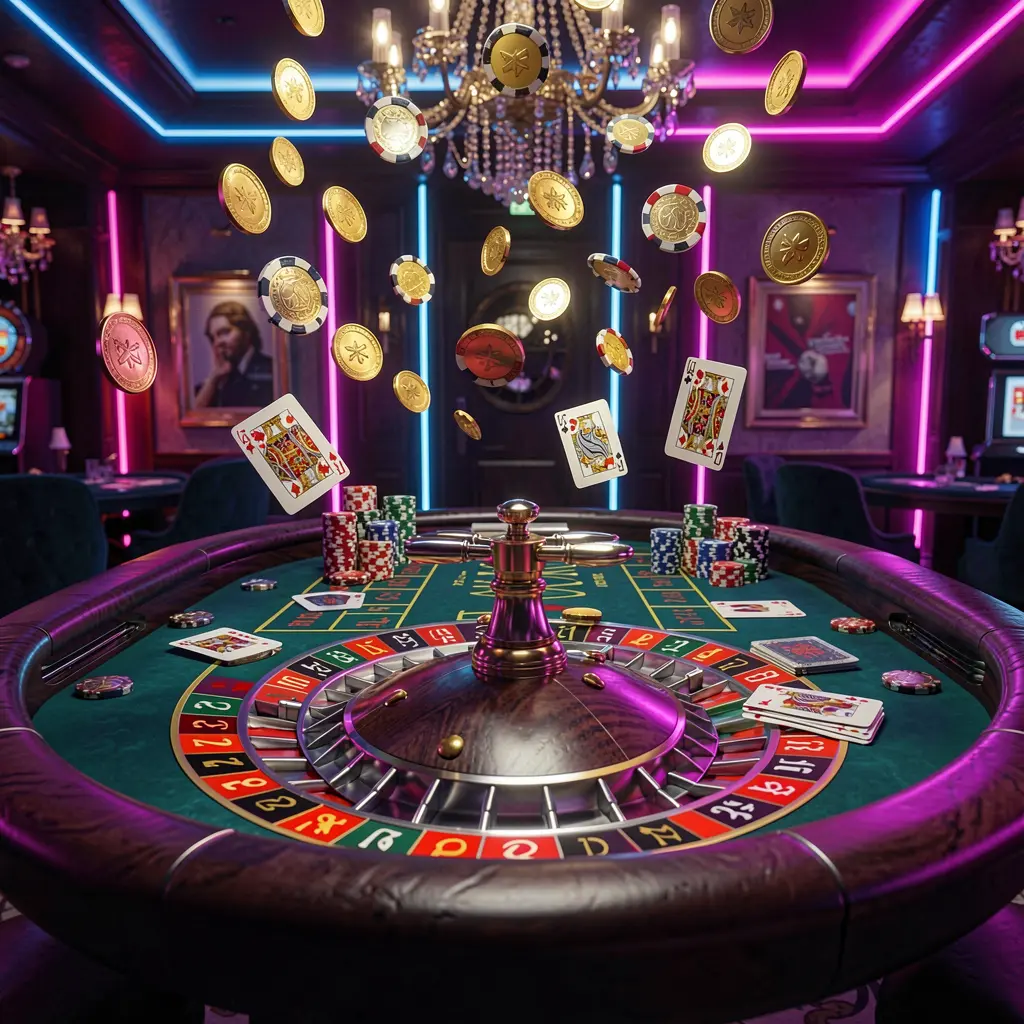 Elegante mesa de roleta com fichas, cartas e moedas douradas voando no ar sob iluminação neon dramática, apresentando uma cena premium de jogos de cassino da 678kk