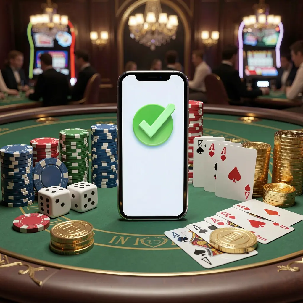 Conceito de login seguro no cassino 678kk mostrando um smartphone com ícone de marca de verificação, cercado por fichas, cartas, dados e moedas douradas sobre uma elegante mesa de cassino luxuosa no Brasil Conceito de login seguro no cassino 678kk mostrando um smartphone com ícone de marca de verificação, cercado por fichas, cartas, dados e moedas douradas sobre uma elegante mesa de cassino luxuosa no Brasil