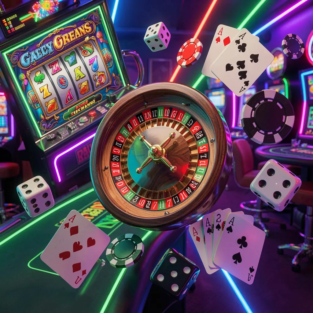 Visual da página inicial da coleção de jogos de cassino 678kk apresentando uma máquina caça-níqueis, roleta, dados, cartas de baralho e fichas de pôquer flutuando juntos com luzes neon coloridas em uma renderização 3D premium